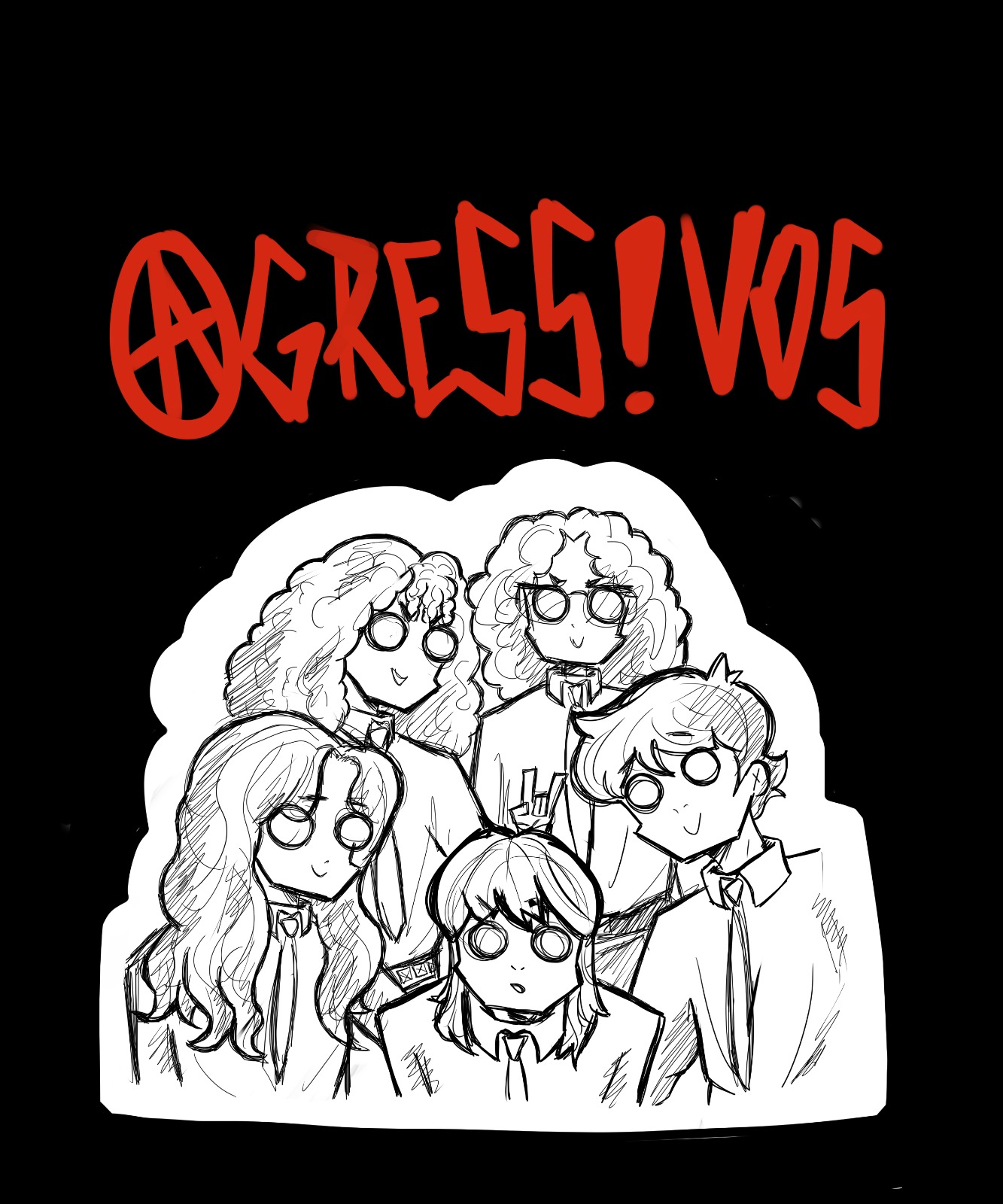 Ilustración original de los cinco integrantes de Agressivos bajo el nombre de la banda